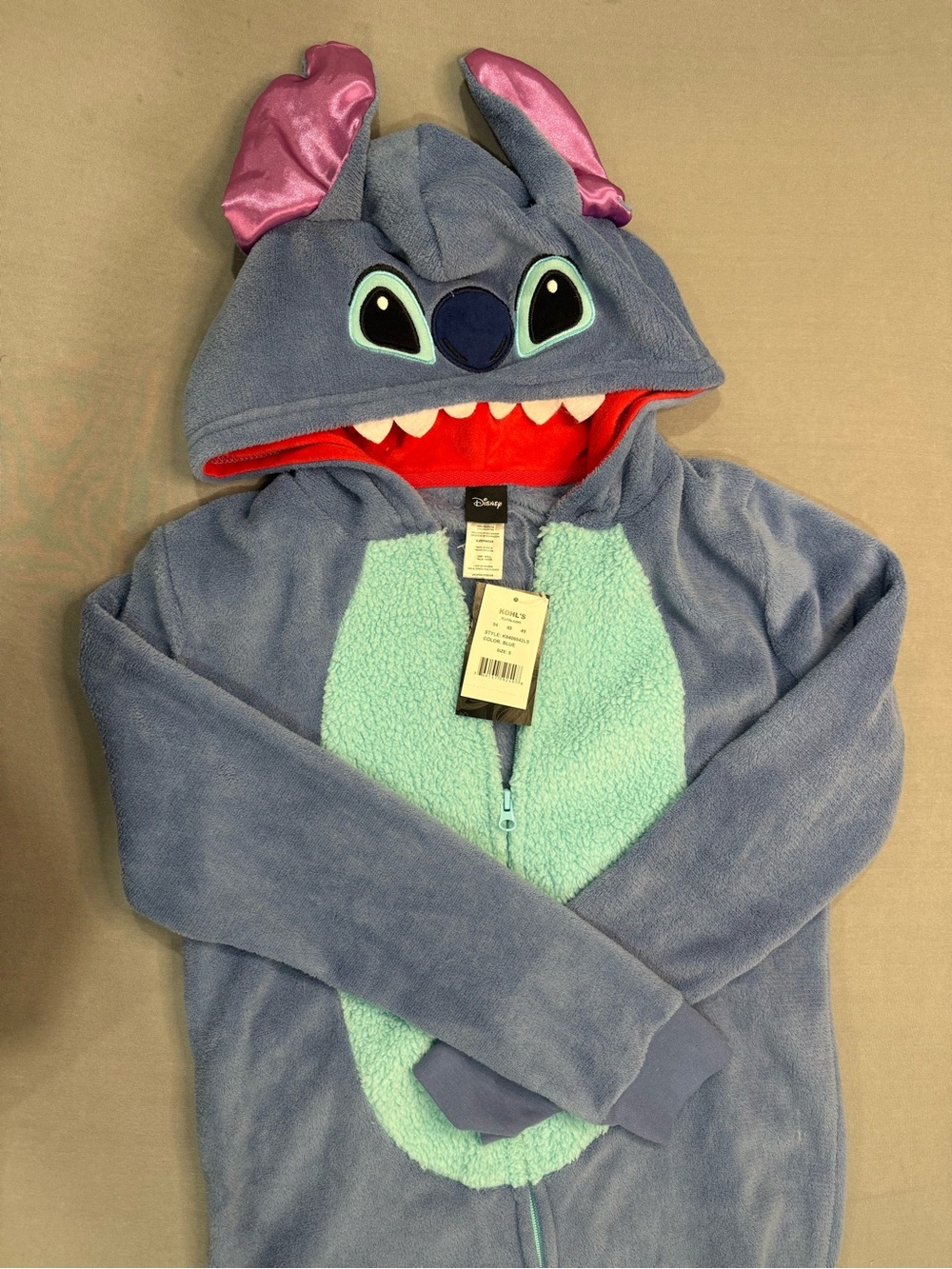 Disney Stitch Hooded Full Zip One-Piece Sleepwear Blue Polyester Size S #093